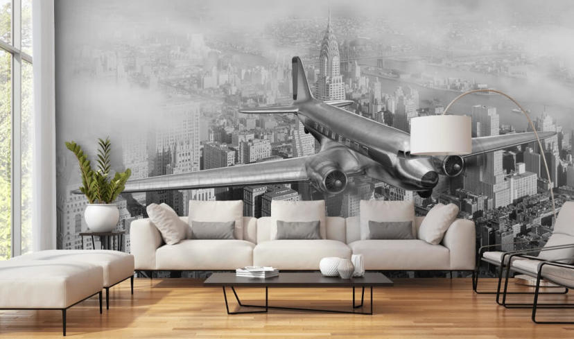 mural de papel pintado de avión vintage personalizable en blanco y negro llamado DC-3 Over NYC para salas de estar, oficinas y habitaciones