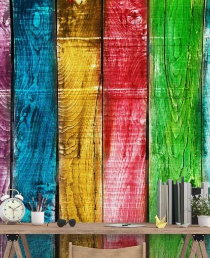 Regenboog gekleurde houten panelen behang