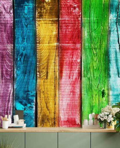 Papel de parede de painéis de madeira coloridos