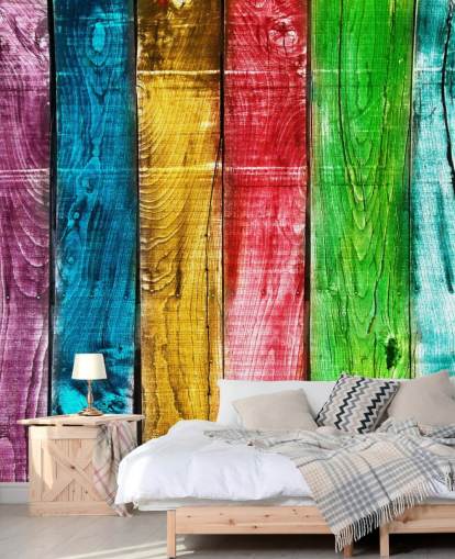 Regenboog gekleurde houten panelen behang