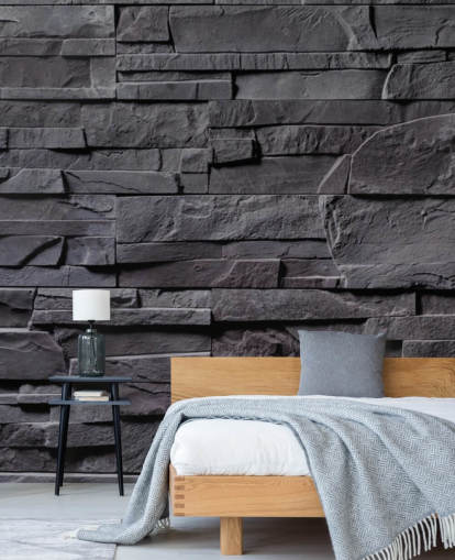 mural de papel pintado de ladrillo gris llamado Stone Wall, gris antracita para dormitorios, cocinas y baños