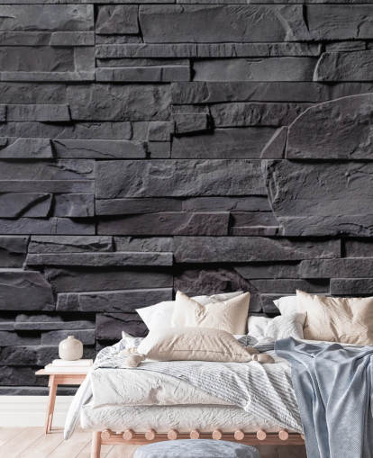carta da parati murale in mattoni grigi chiamata Stone Wall - Charcoal Grey per camere da letto, cucine e bagni