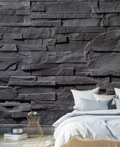 mural de papel pintado de ladrillo gris llamado Stone Wall, gris antracita para dormitorios, cocinas y baños