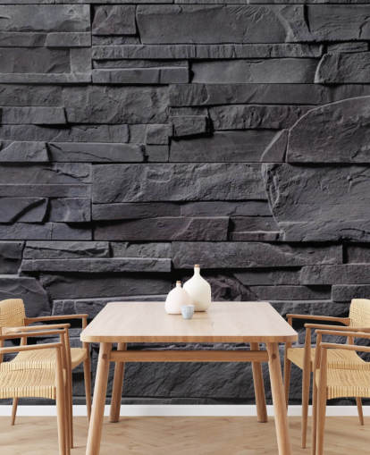 grijze baksteenbehangmuurschildering genaamd Stone Wall - Charcoal Grey voor slaapkamers, keukens en badkamers