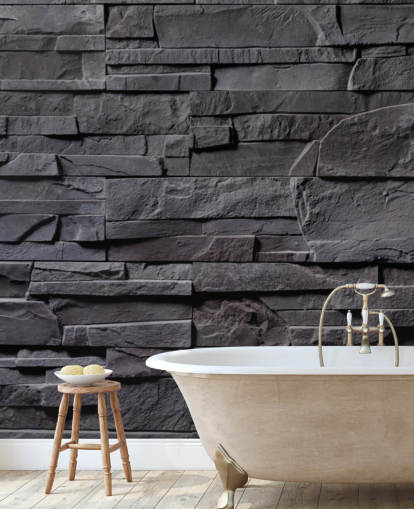 grijze baksteenbehangmuurschildering genaamd Stone Wall - Charcoal Grey voor slaapkamers, keukens en badkamers