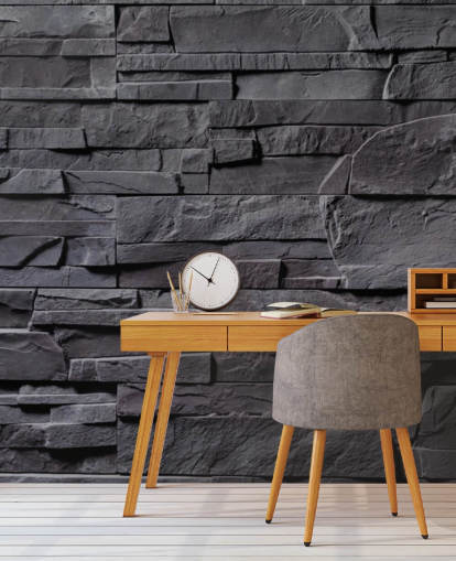carta da parati murale in mattoni grigi chiamata Stone Wall - Charcoal Grey per camere da letto, cucine e bagni