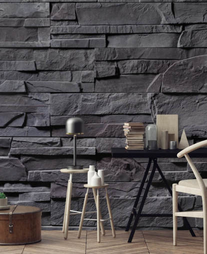 mural de papel pintado de ladrillo gris llamado Stone Wall, gris antracita para dormitorios, cocinas y baños