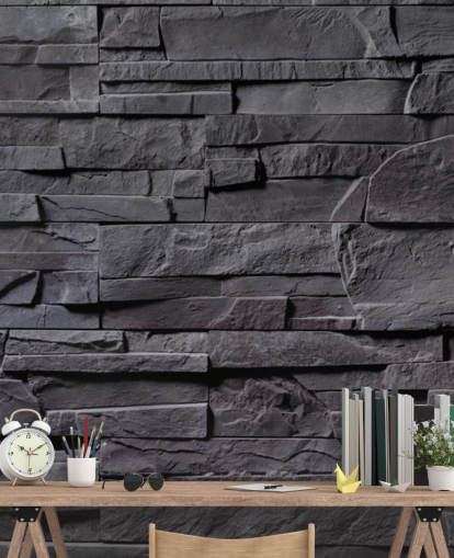 grijze baksteenbehangmuurschildering genaamd Stone Wall - Charcoal Grey voor slaapkamers, keukens en badkamers grijze baksteenbehangmuurschildering genaamd Stone Wall - Charcoal Grey voor slaapkamers, keukens en badkamers