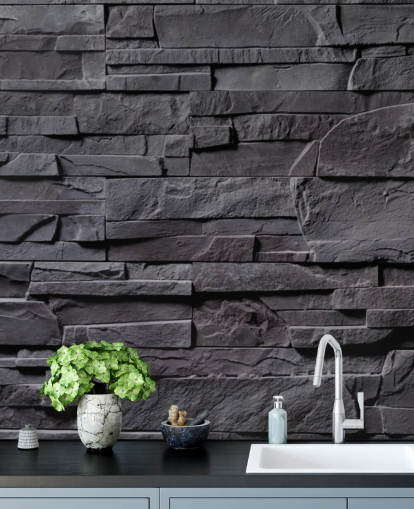 grå mursten tapet vægmaleri kaldet Stone Wall - Charcoal Grey til soveværelser, køkkener og badeværelser