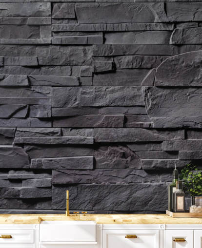 mural de papel pintado de ladrillo gris llamado Stone Wall, gris antracita para dormitorios, cocinas y baños