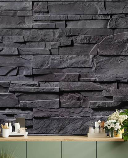 mural de papel de parede de tijolo cinza chamado Stone Wall - Charcoal Grey para quartos, cozinhas e banheiros