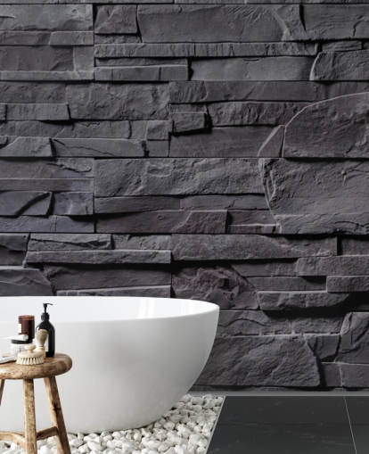grijze baksteenbehangmuurschildering genaamd Stone Wall - Charcoal Grey voor slaapkamers, keukens en badkamers