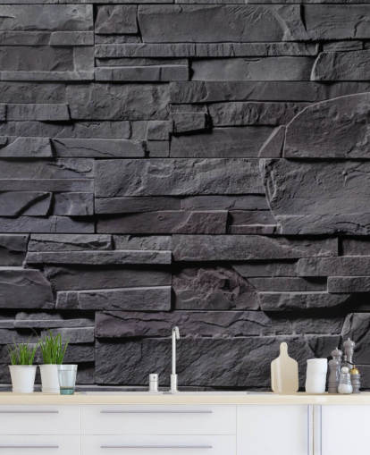 gray brick wallpaper mural called Stone Wall - Charcoal Gray for bedrooms, kitchens and bathrooms