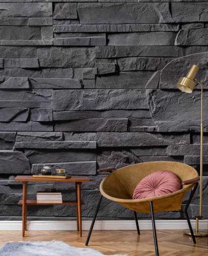 grå mursten tapet vægmaleri kaldet Stone Wall - Charcoal Grey til soveværelser, køkkener og badeværelser