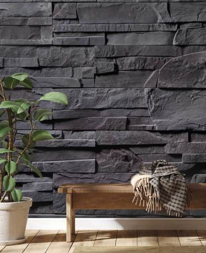 grå murstein tapet veggmaleri kalt Stone Wall - Charcoal Grey for soverom, kjøkken og bad