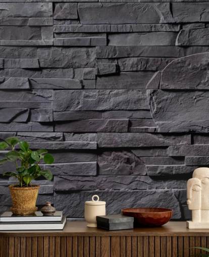 mural de papel de parede de tijolo cinza chamado Stone Wall - Charcoal Grey para quartos, cozinhas e banheiros
