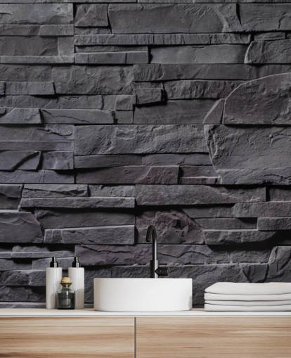 mural de papel pintado de ladrillo gris llamado Stone Wall, gris antracita para dormitorios, cocinas y baños