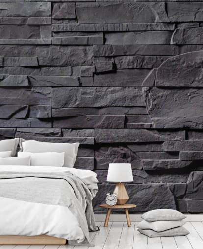 grå tegel tapet väggmålning kallad Stone Wall - Charcoal Grey för sovrum, kök och badrum