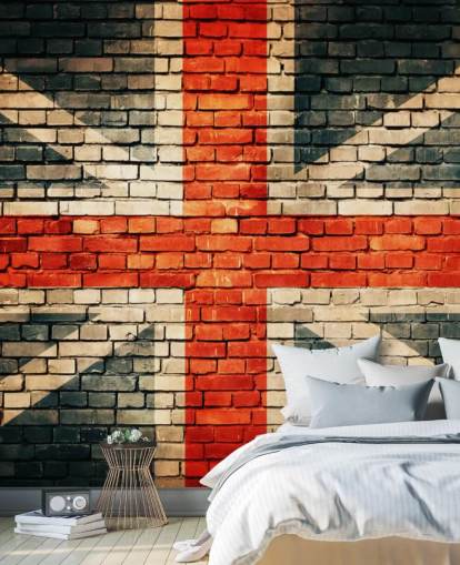 mural de papel pintado personalizable con la bandera de la Union Jack llamado Union Jack on Old Brick para dormitorios