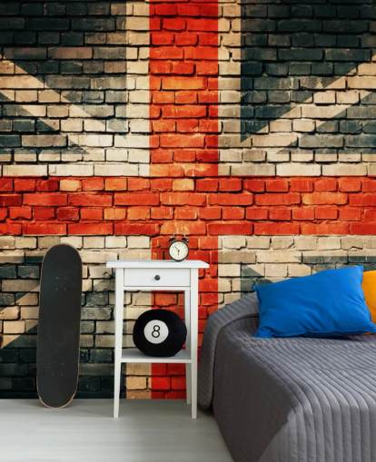 union jack aanpasbare vlag behangmuurschildering genaamd Union Jack on Old Brick voor slaapkamers