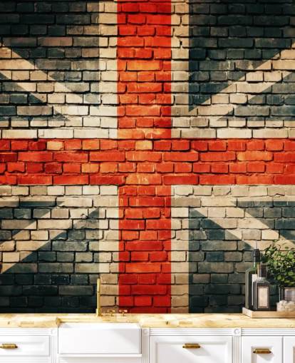 mural de papel pintado personalizable con la bandera de la Union Jack llamado Union Jack on Old Brick para dormitorios
