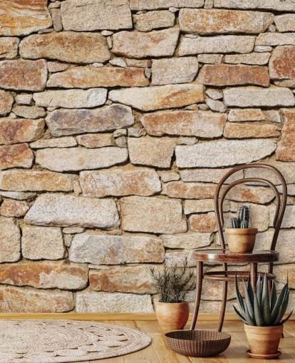 mural de papel pintado de piedra marrón claro llamado Piedra natural para salas de estar y sótanos