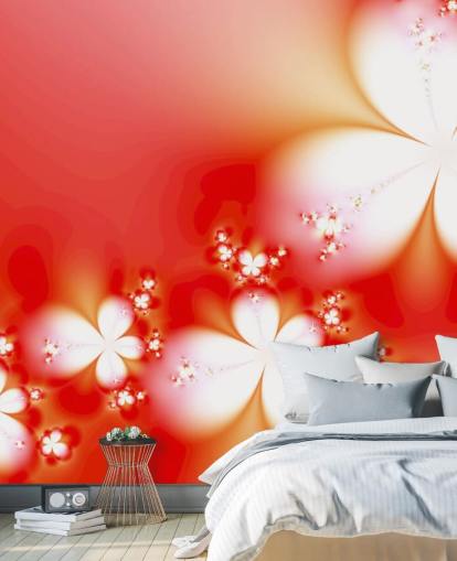 Bloemen witte bloemen op rode achtergrond behang