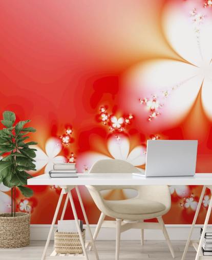 Papel pintado de flores blancas sobre fondo rojo