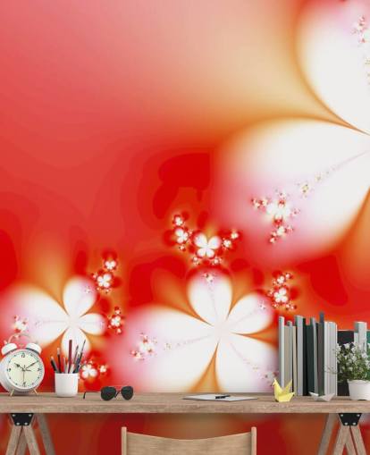 Bloemen witte bloemen op rode achtergrond behang