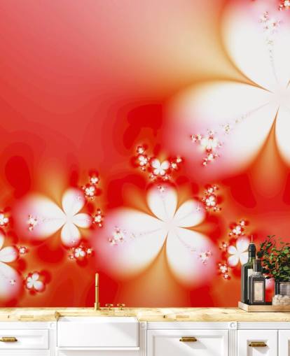 Fleurs blanches florales sur fond rouge papier peint