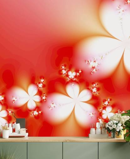 Papel pintado de flores blancas sobre fondo rojo