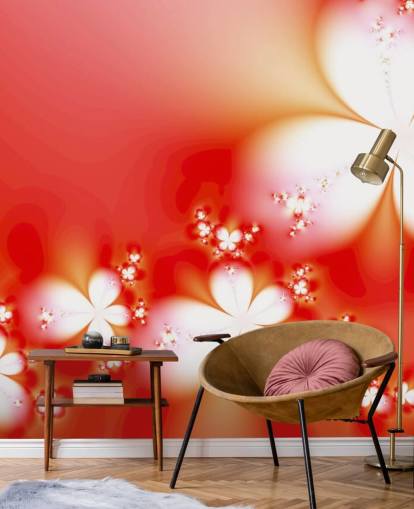 Fleurs blanches florales sur fond rouge papier peint