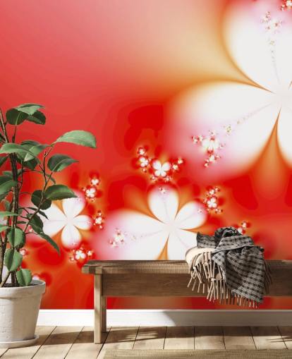 Papel pintado de flores blancas sobre fondo rojo