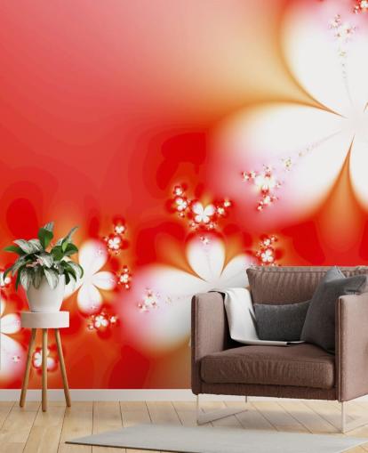 Bloemen witte bloemen op rode achtergrond behang