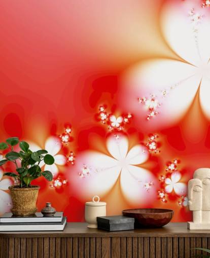 Papel pintado de flores blancas sobre fondo rojo