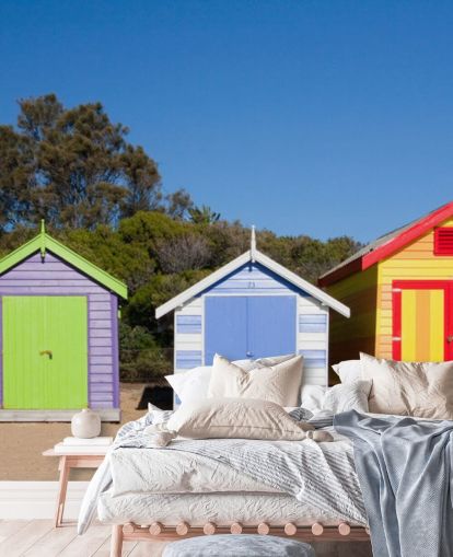 colourful beach huts wallpaper
