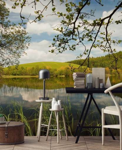 Decorazione murale con lago in campagna lussureggiante