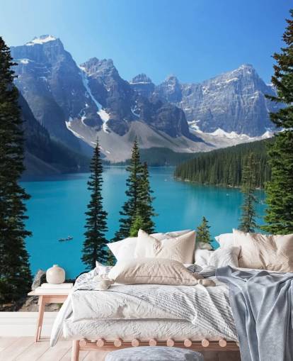 blå innsjø og fjelltapet veggmaleri kalt Moraine Lake i de kanadiske Rockies for hjemmekontorer og stuer