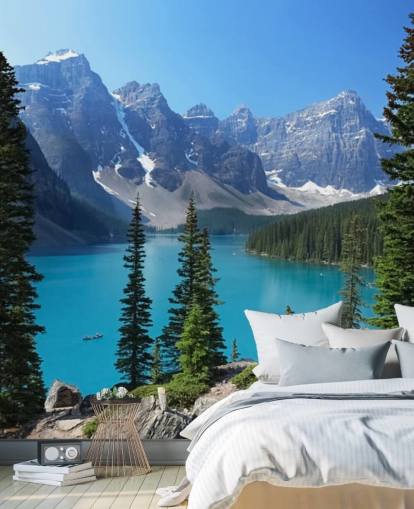 blue lake and mountain wallpaper mural called Moraine Lake in the Canadian Rockies for home offices and living rooms