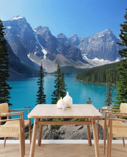 Tapeten-Wandbild mit blauem See und Bergen namens Moraine Lake in den kanadischen Rocky Mountains für Heimbüros und Wohnzimmer Tapeten-Wandbild mit blauem See und Bergen namens Moraine Lake in den kanadischen Rocky Mountains für Heimbüros und Wohnzimmer