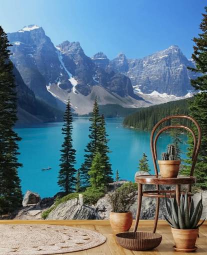 blå sjö och berg tapetväggmålning som heter Moraine Lake i de kanadensiska Rockies för hemmakontor och vardagsrum