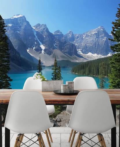 blue lake and mountain wallpaper mural called Moraine Lake in the Canadian Rockies for home offices and living rooms blue lake and mountain wallpaper mural called Moraine Lake in the Canadian Rockies for home offices and living rooms
