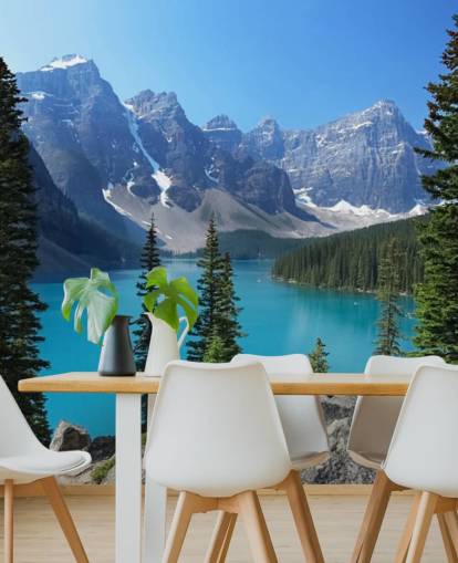 blue lake and mountain wallpaper mural called Moraine Lake in the Canadian Rockies for home offices and living rooms blue lake and mountain wallpaper mural called Moraine Lake in the Canadian Rockies for home offices and living rooms