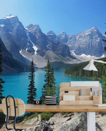 blå sø og bjerg tapetmaleri kaldet Moraine Lake i de canadiske Rockies til hjemmekontorer og stuer