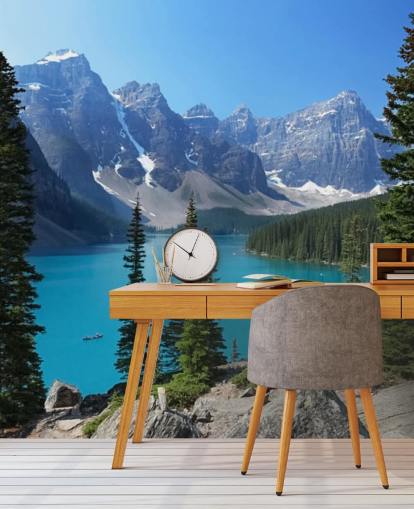 blå sø og bjerg tapetmaleri kaldet Moraine Lake i de canadiske Rockies til hjemmekontorer og stuer
