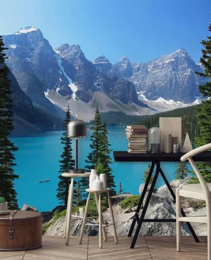 mural de papel pintado azul de lago y montaña llamado Lago Moraine en las Montañas Rocosas canadienses para oficinas en casa y salas de estar