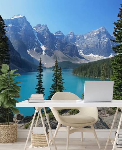 blue lake and mountain wallpaper mural called Moraine Lake in the Canadian Rockies for home offices and living rooms