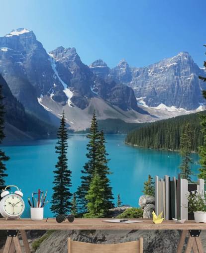 sininen järvi- ja vuoren taustakuvamaalaus nimeltä Moraine Lake Kanadan Kalliovuorilla kotitoimistoihin ja olohuoneisiin