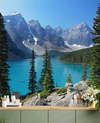 blauwe meer- en bergmuurschildering genaamd Moraine Lake in de Canadese Rockies voor thuiskantoren en woonkamers