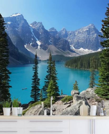 blue lake and mountain wallpaper mural called Moraine Lake in the Canadian Rockies for home offices and living rooms